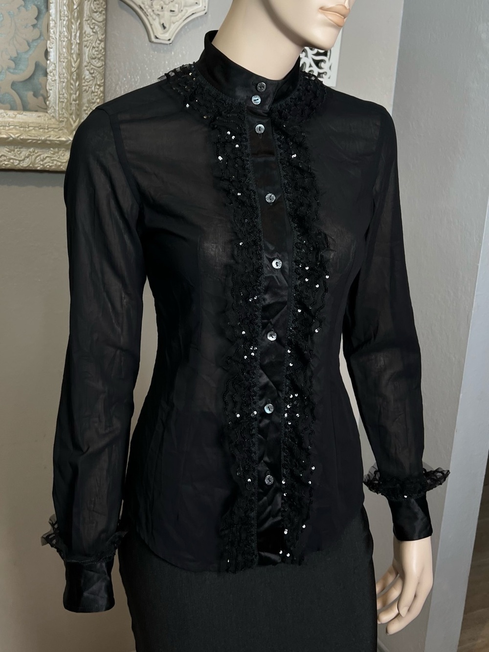 Dolce & Gabbana Black Ruffle-Trim Button Front Women's Blouse with sequins